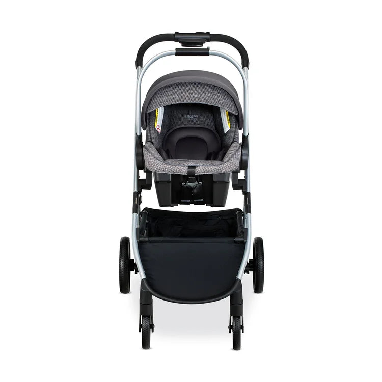 Britax Willow Grove SC Travel System: gray infant car seat mounted on a silver stroller frame with rear storage basket.