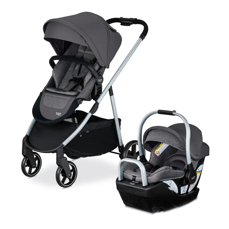 Britax Willow Grove SC Travel System stroller in gray with matching infant car seat beside, ready to go