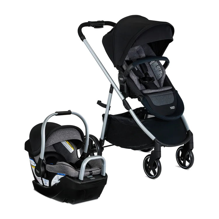 Britax Willow Grove SC Travel System: black stroller with canopy and gray seat, plus matching infant car seat.
