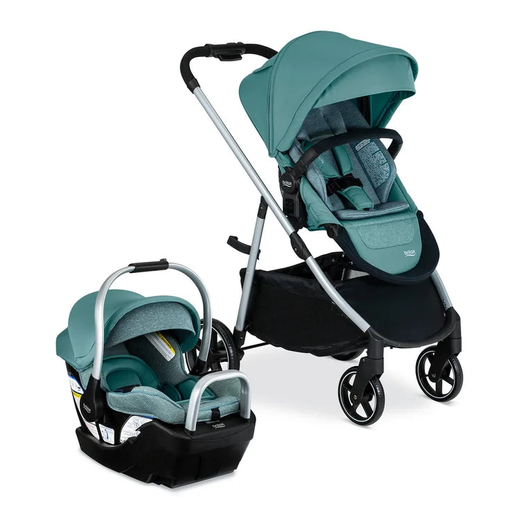 BRITAX Willow Grove SC Travel System in teal; stroller with canopy attached and compatible car seat secured for on-the-go.