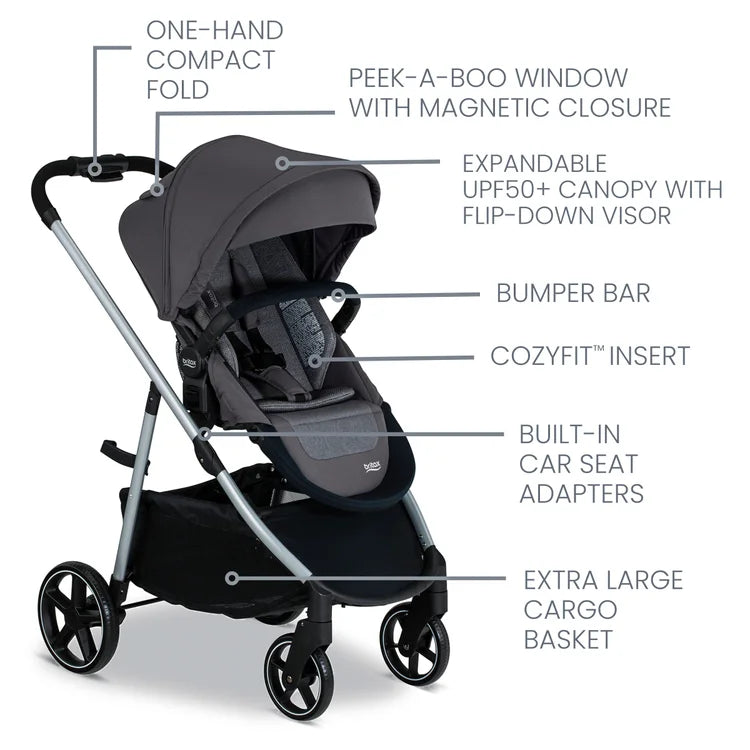 Britax Willow Grove SC Travel System in gray with one-hand fold, UPF50+ canopy, bumper bar, and large cargo basket.