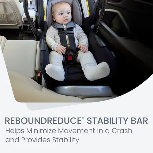 BRITAX Willow S Infant Car Seat: baby buckled in with a five-point harness in a car, wearing gray outfit.