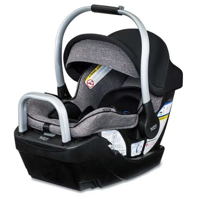 Britax Willow SC Car Seat with Alpine Base in gray fabric with black base; handle upright for easy transfer.