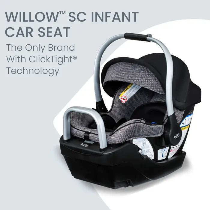 Britax Willow SC Infant Car Seat with Alpine Base in black/gray fabric and ergonomic carry handle.