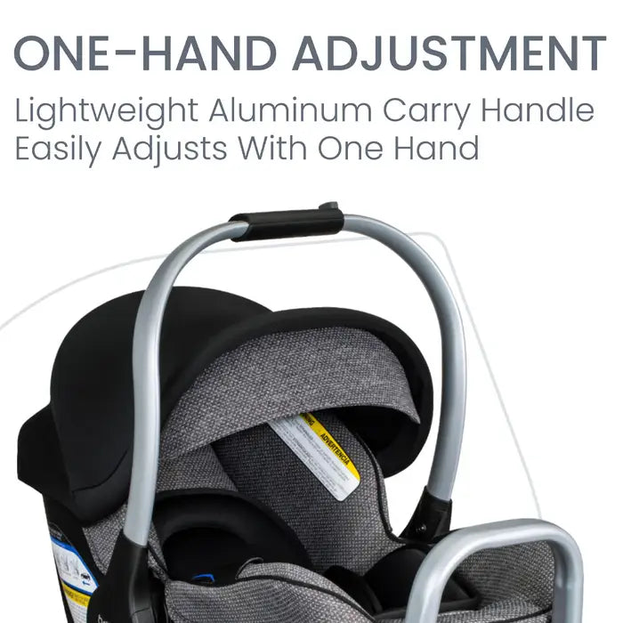 Britax Willow SC Car Seat with Alpine Base, gray fabric infant seat with one-hand aluminum carry handle.