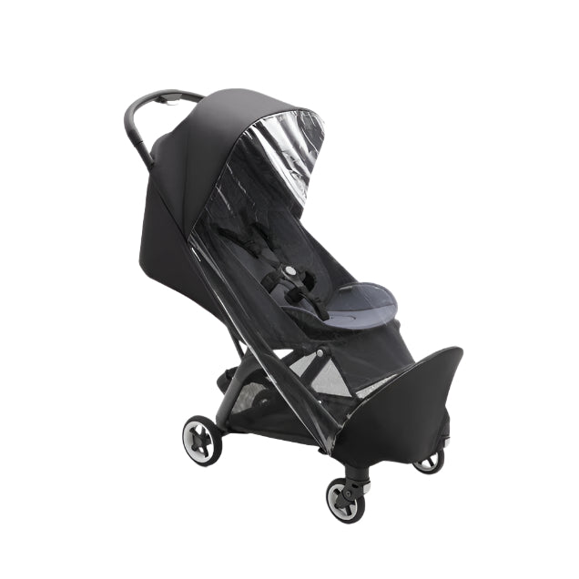 Bugaboo Butterfly rain cover for stroller with clear canopy over black frame.