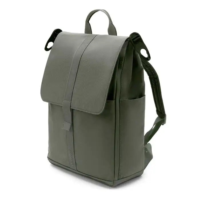 Bugaboo Changing Backpack olive green with front flap, top carry handle and side pockets, ready for on-the-go parenting.