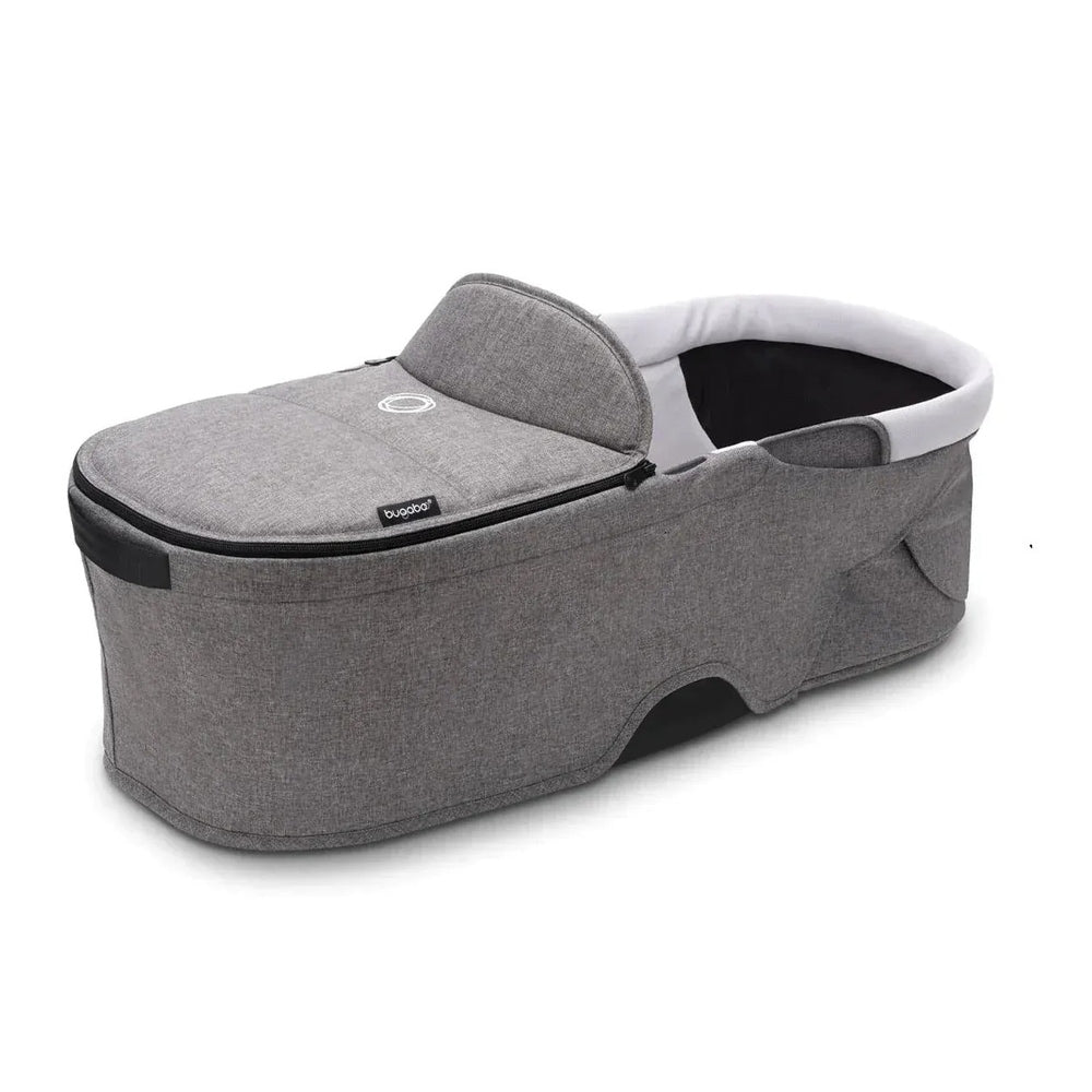 Bugaboo Dragonfly Pram Body Complete Grey Melange, grey fabric bassinet shell with white padded rim.