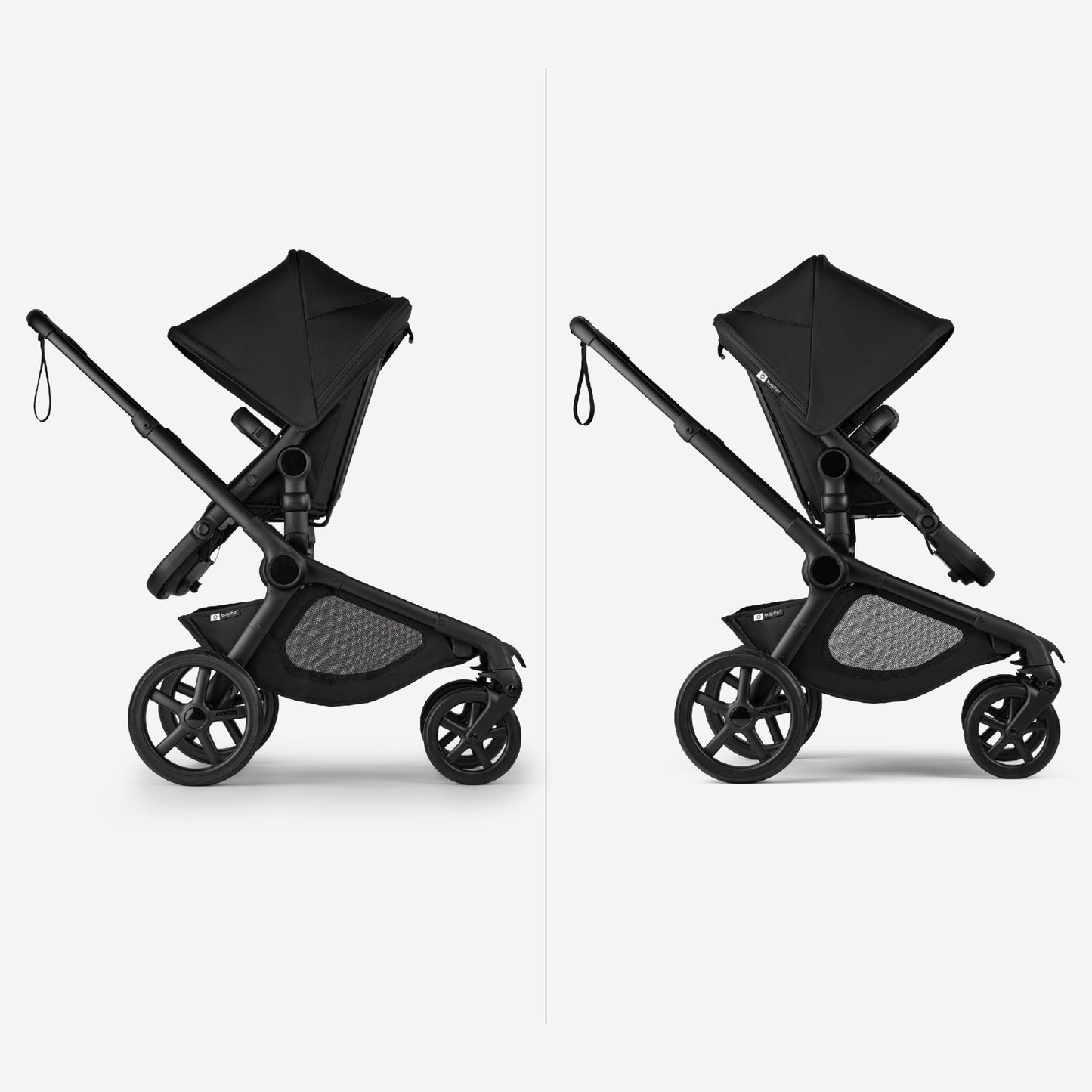 Bugaboo Kangaroo Complete Stroller in black, double-angle view highlights extended canopy and large wheels.