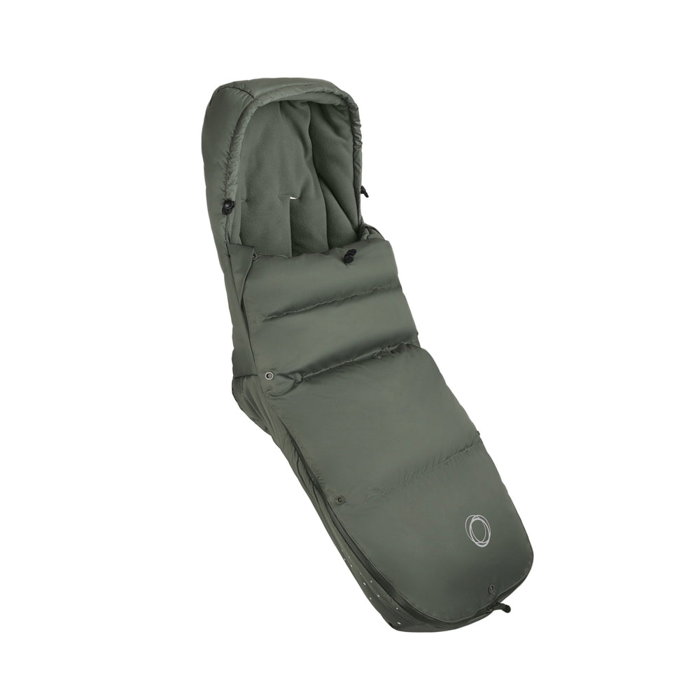 BUGABOO THERMOLITE Performance Footmuff in olive green, padded, quilted stroller accessory shown laid flat.