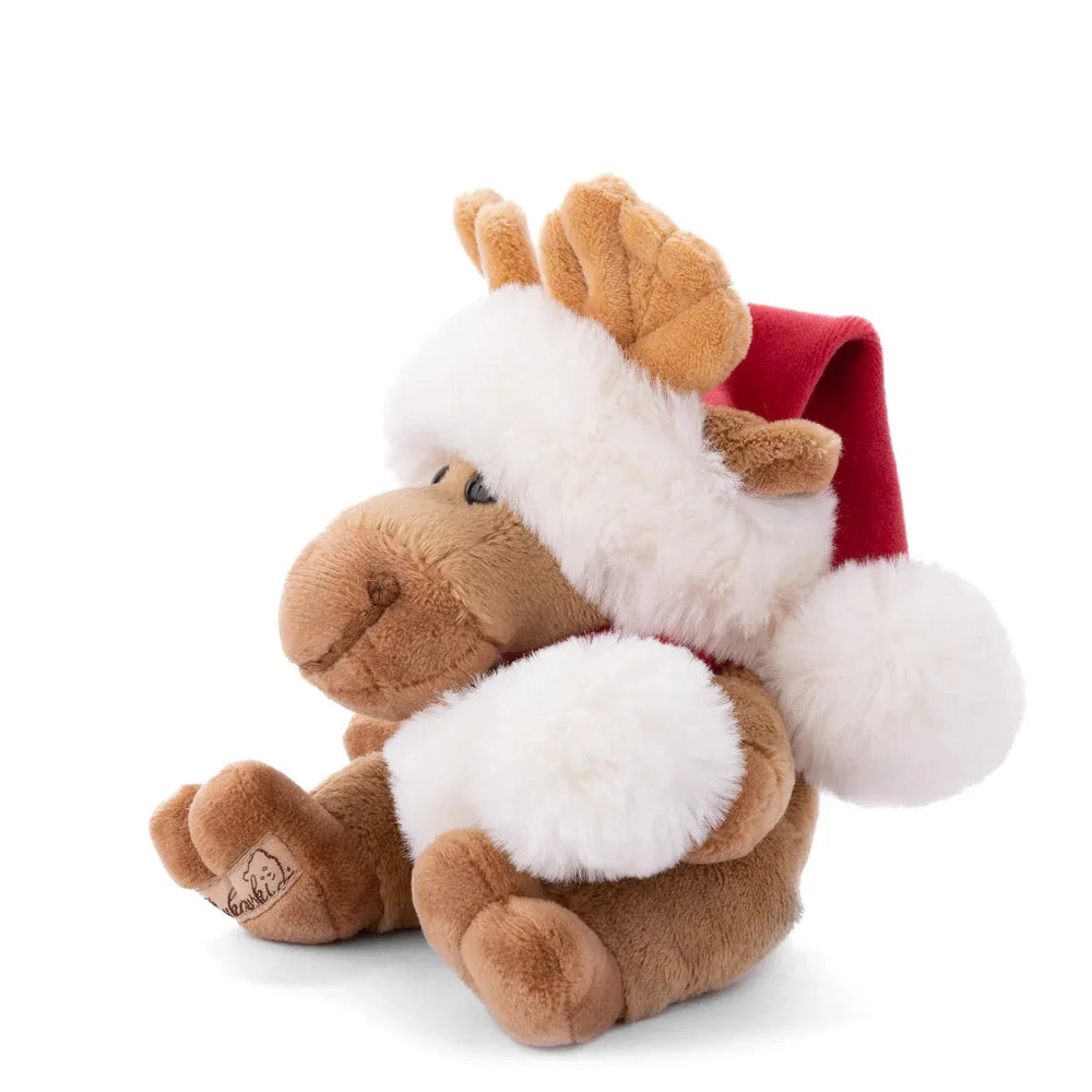 Bukowski Bears Baby Benny X-Mas stuffed animal: a brown bear with plush antlers, wearing a red Santa hat and white fur trim.