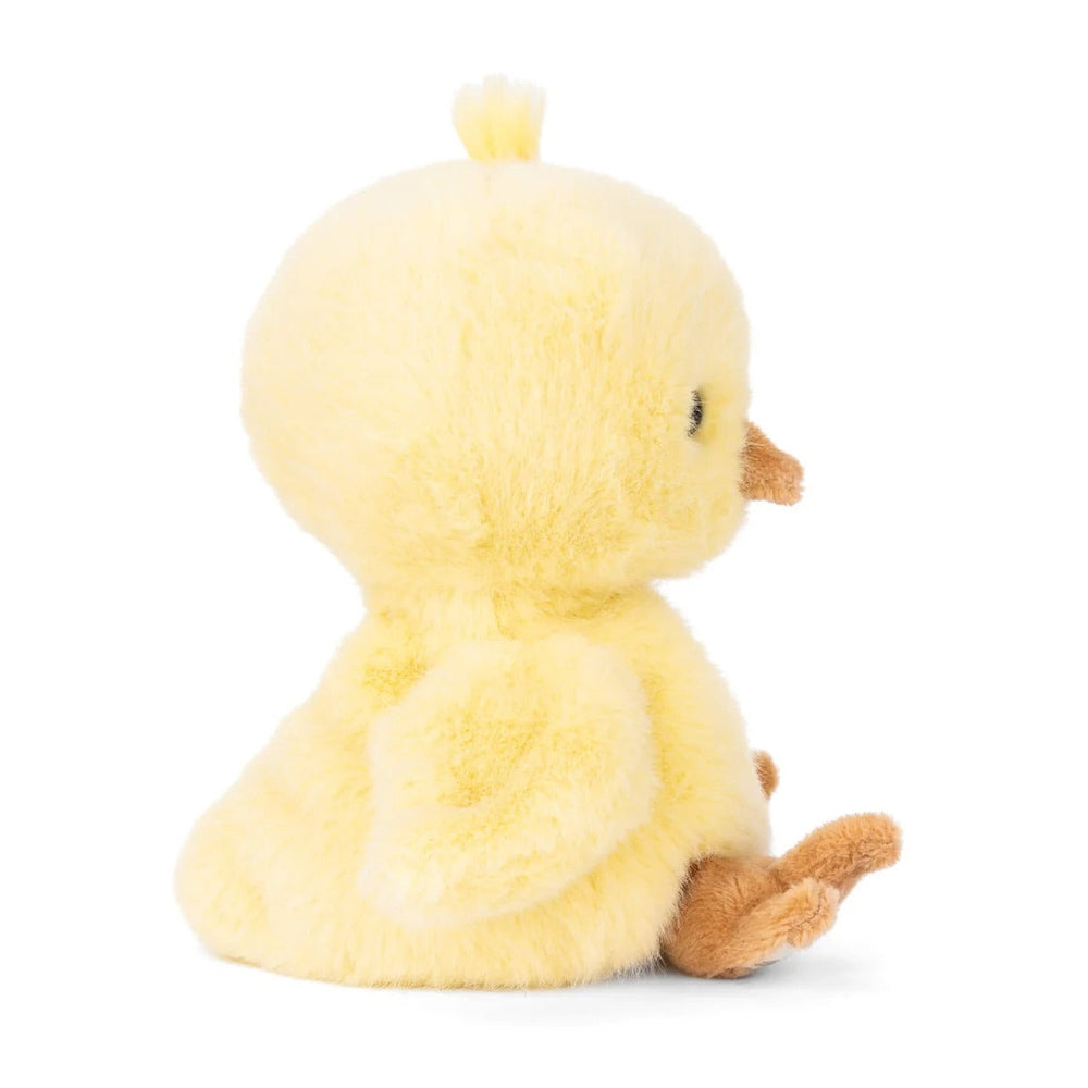 Bukowski Bears Baby Chicky stuffed animal, soft yellow plush with brown beak and feet, seated facing right.