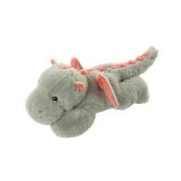 Bukowski Bears Little Drago Emerald stuffed dragon in emerald gray plush with red ribbons, resting on its belly.