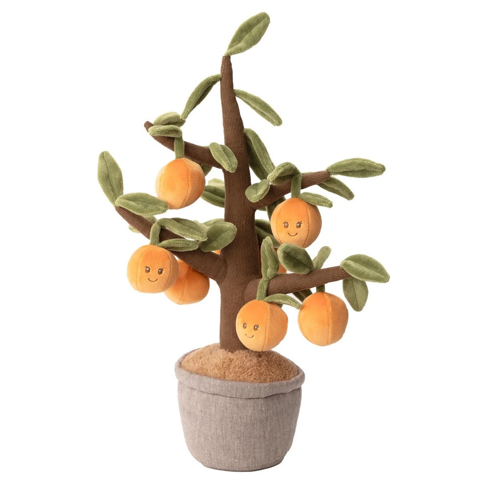 Bukowski Bears Orange Tree plush in a gray fabric pot with hanging orange fruit on green leafy branches.