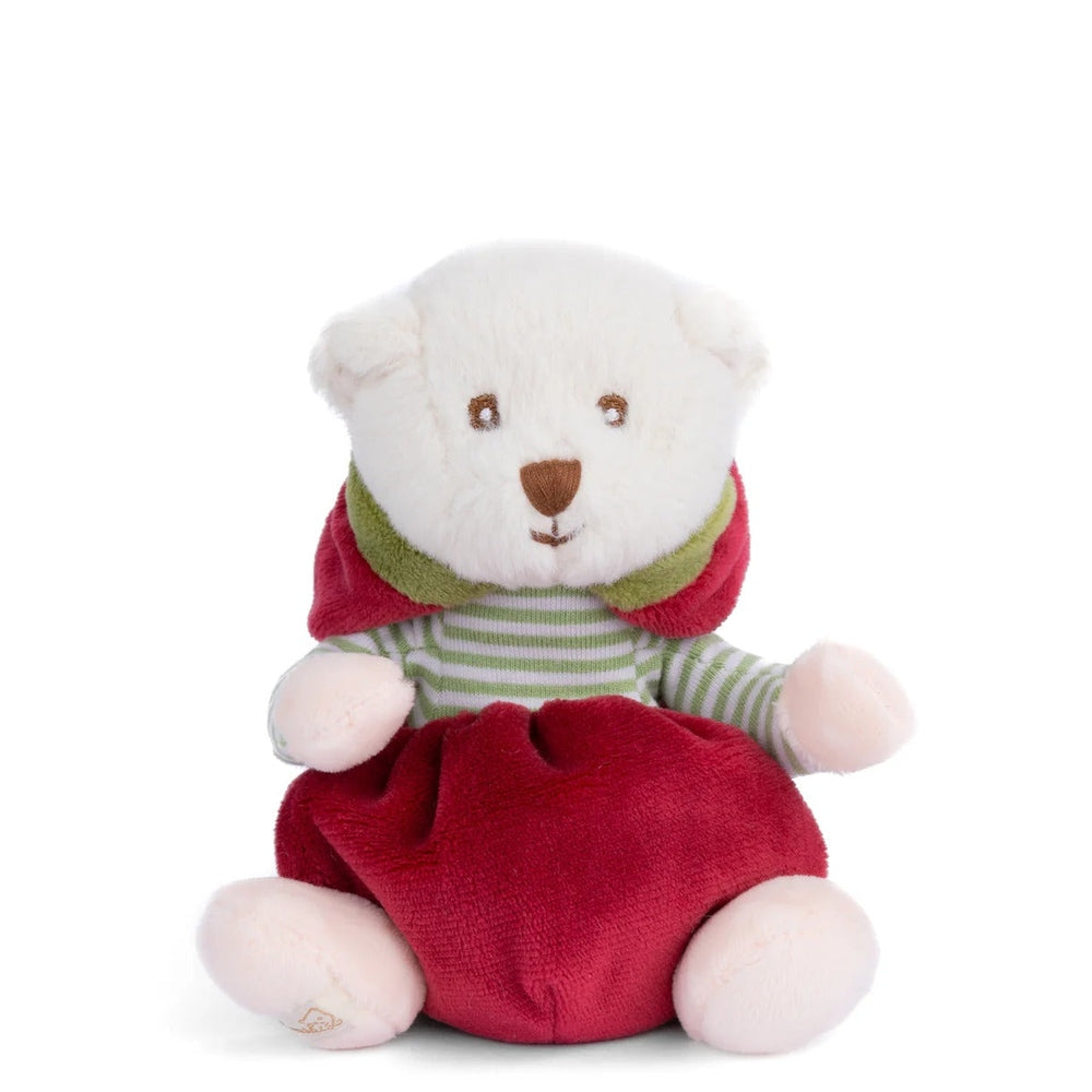 Bukowski Bears Ziggy Cherry stuffed animal bear, seated in a red outfit with a green scarf and striped shirt, paws visible.