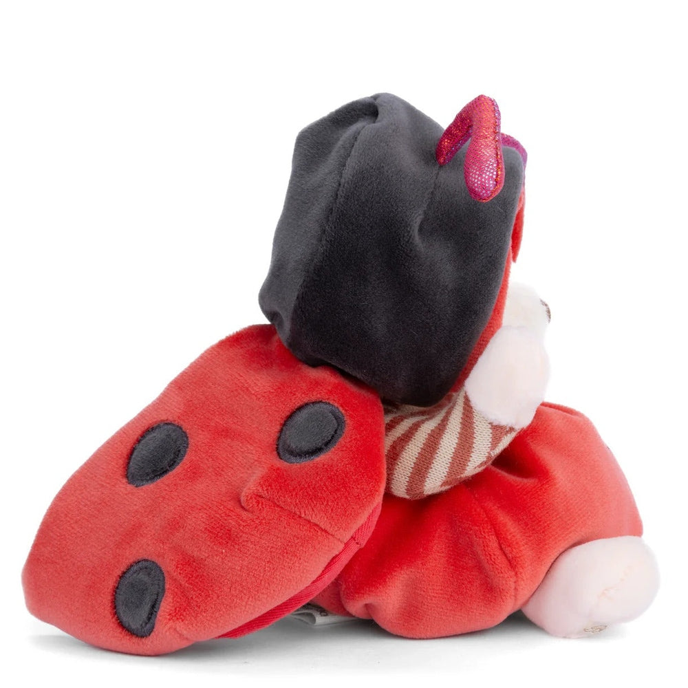 Bukowski Bears Ziggy Ladybug stuffed animal, red plush with black spots and gray head, soft cuddly toy.