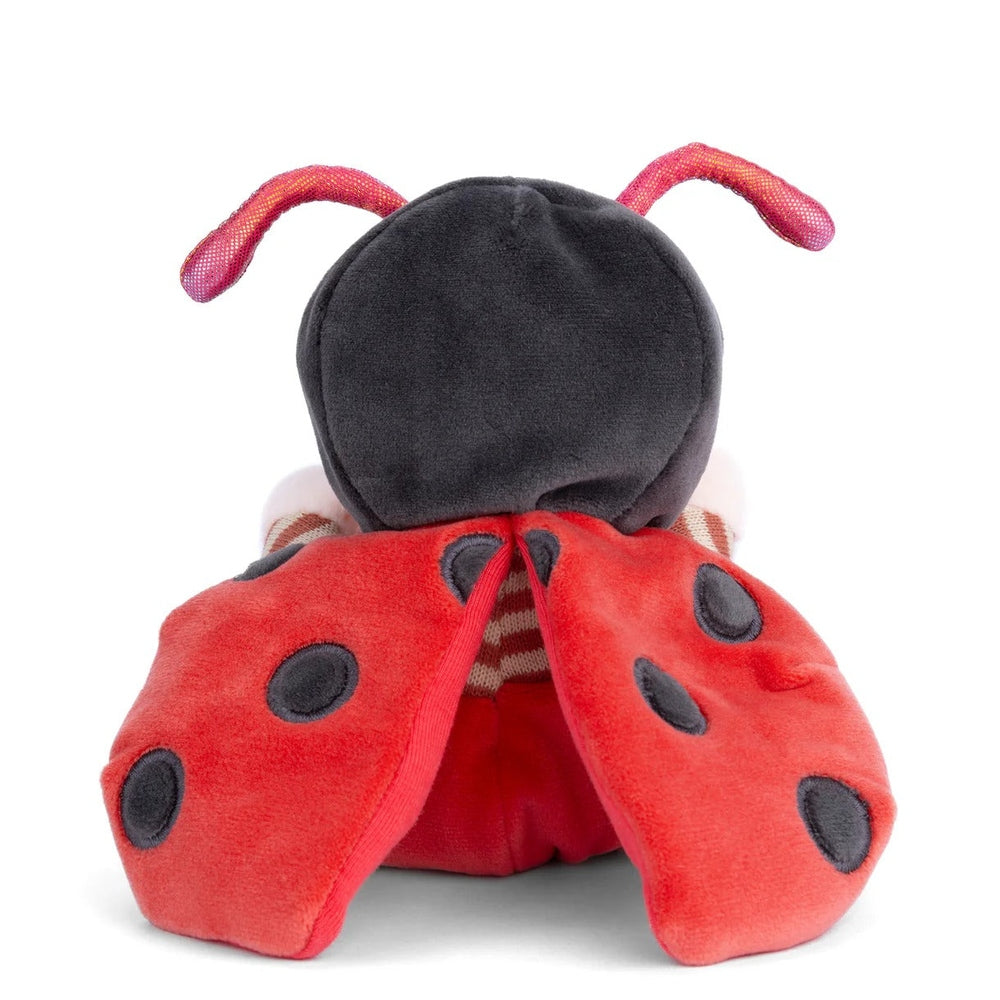 Bukowski Bears Ziggy Ladybug plush sits upright, red wings with black spots and pink antennae raised.