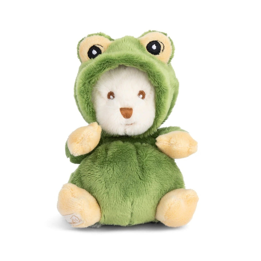 Bukowski Bears Ziggy Prince Charles plush in a green frog hood sits upright with outstretched beige paws.