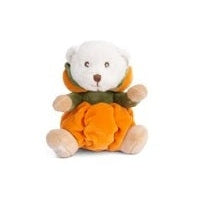 Bukowski Bears Ziggy Pumpkin stuffed animal; white plush bear in orange pumpkin outfit, seated warmly with a green scarf.
