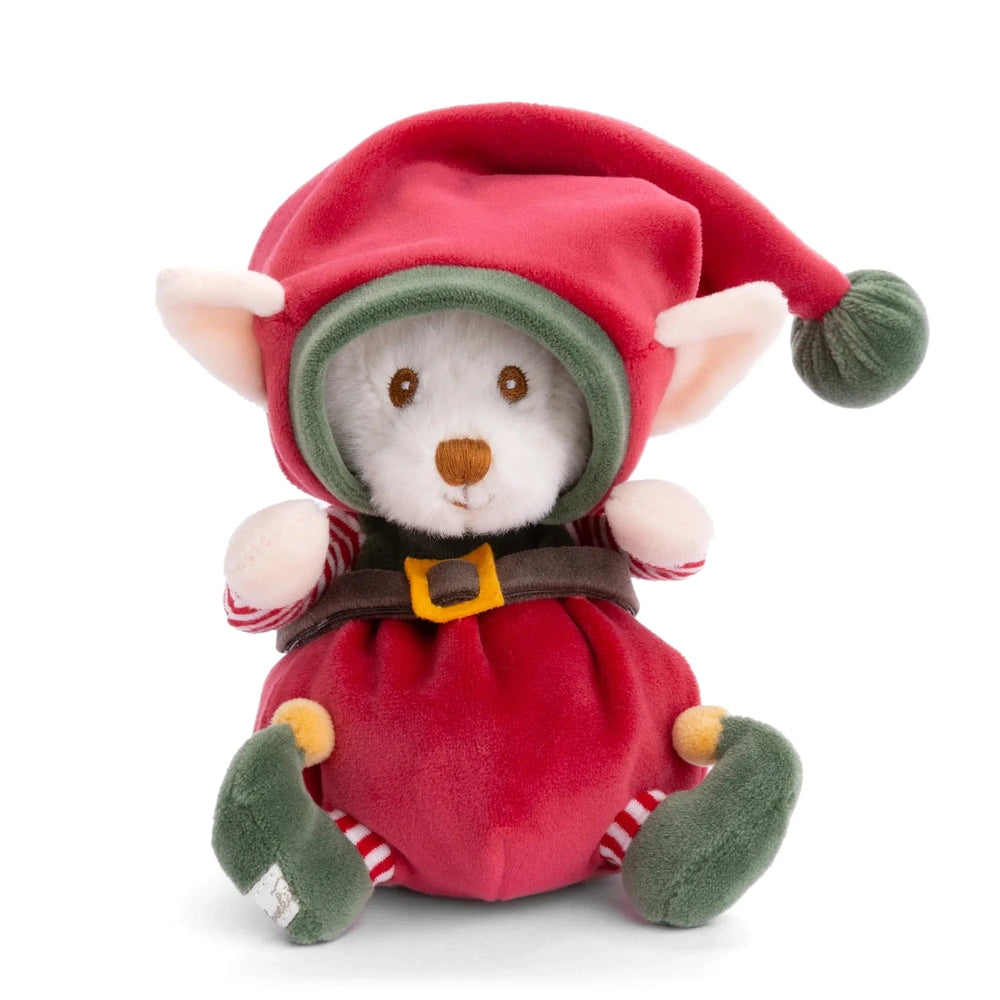 Bukowski Bears Ziggy Santa's Little Helper stuffed animal sits upright in a red elf suit with green hood.