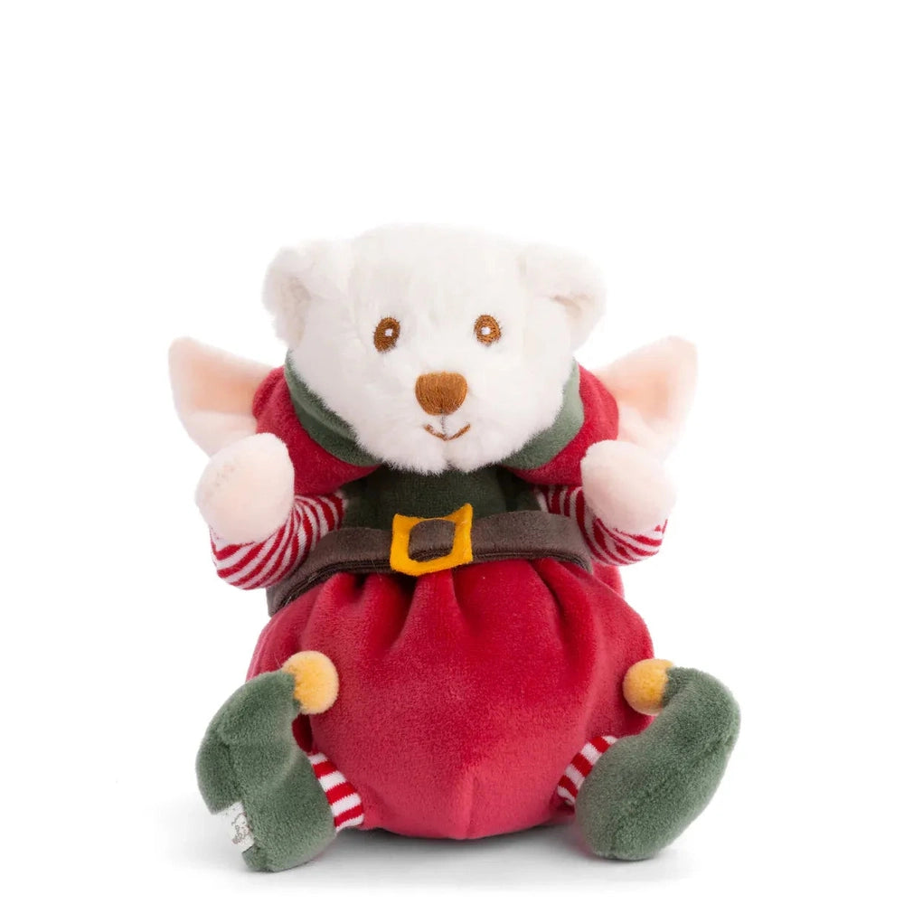 Bukowski Bears Ziggy Santa's Little Helper stuffed animal, white bear in red elf suit with green scarf and belt, sitting with arms up