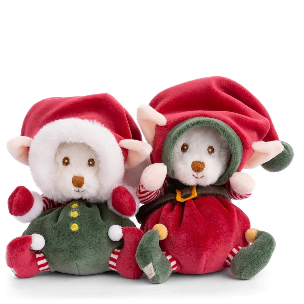 Bukowski Bears Ziggy Santa's Little Helper stuffed animals: two plush bears in festive red and green Santa outfits sit together.