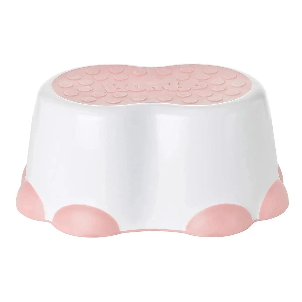 BUMBO Step Stool, white body with pink non-slip top and pink scalloped feet.