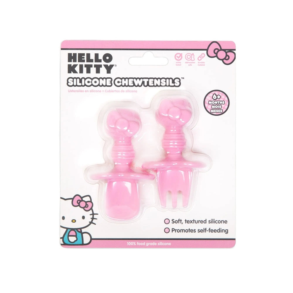BUMKINS Chewtensils pink set of 2 soft textured silicone utensils in package, designed for self-feeding