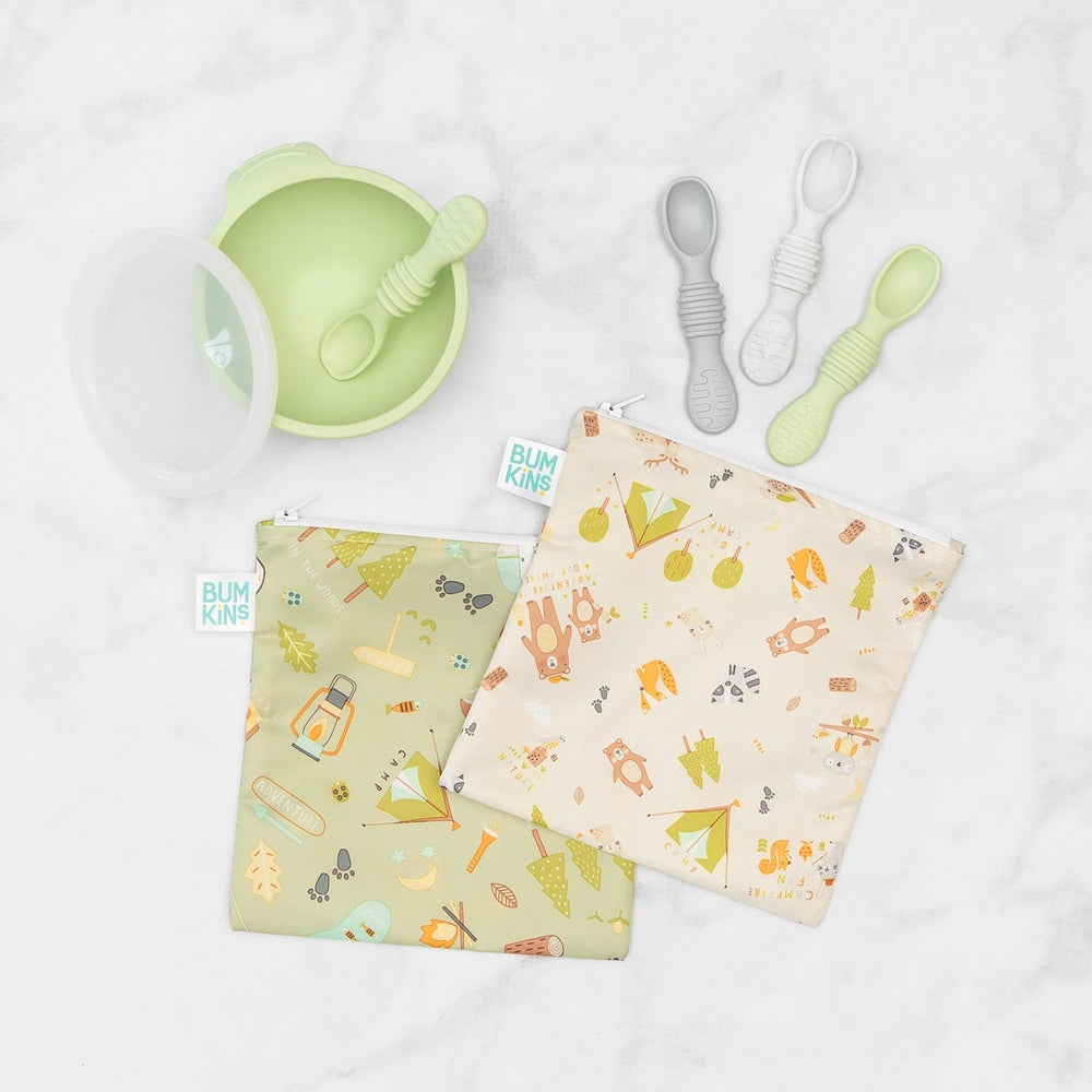 Bumkins large snack bags 2-pack with Happy Campers prints in beige and green featuring tents and trees