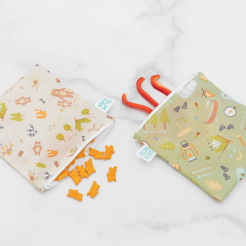 Bumkins large snack bag 2-pack, Happy Campers; camping-themed beige and green prints with white zippers