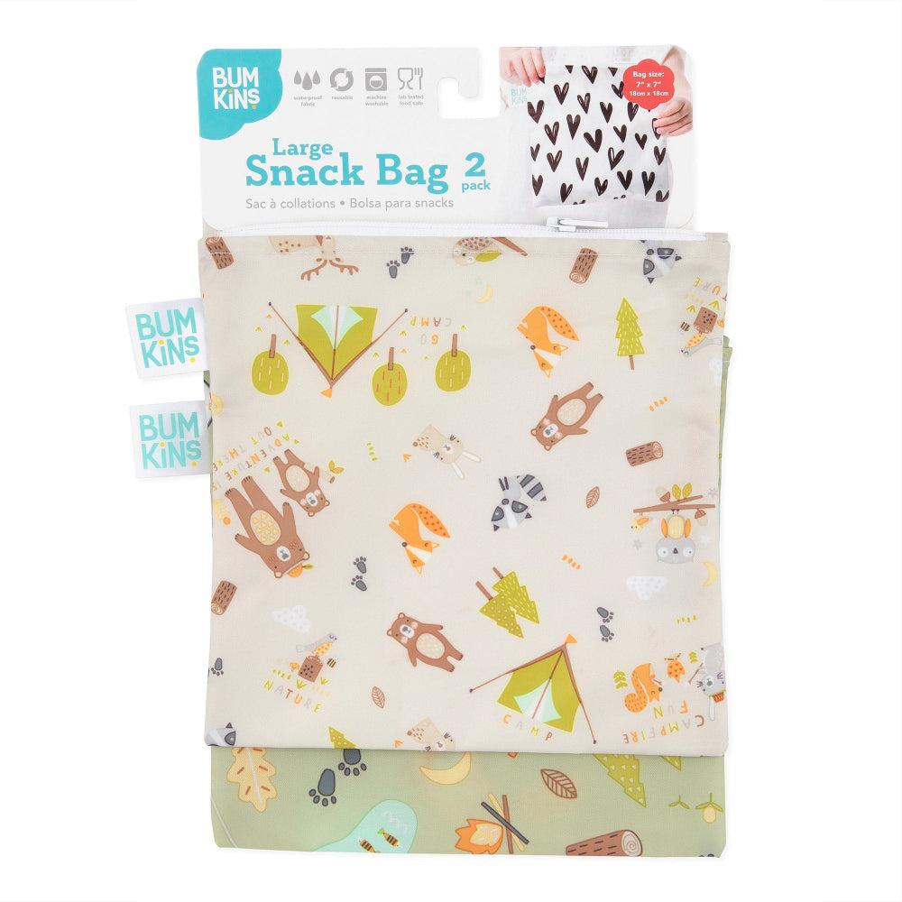 Bumkins Large Snack Bag 2-pack Happy Campers; beige woodland print with tents and animals