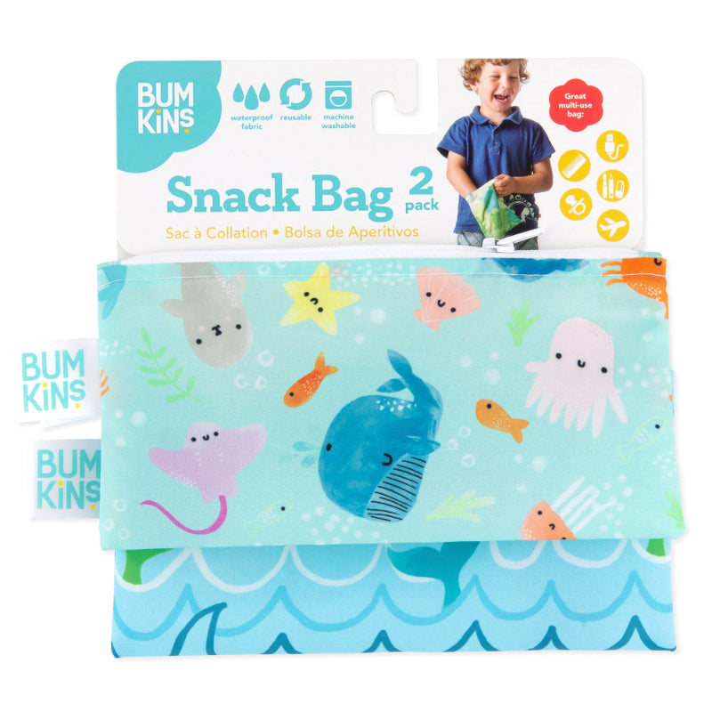 Bumkins small snack bag 2-pack, ocean life print on reusable fabric featuring sea creatures
