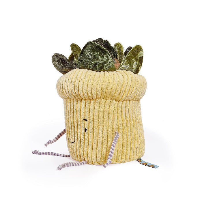 Bunnies By The Bay Windowsill Succulent Plant plush in a yellow ribbed pot with green leaves