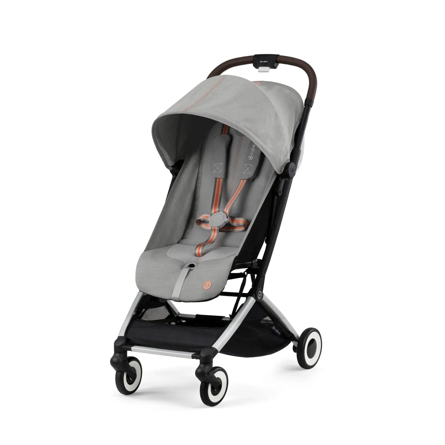 Cybex Orfeo stroller gray fabric with orange harness straps