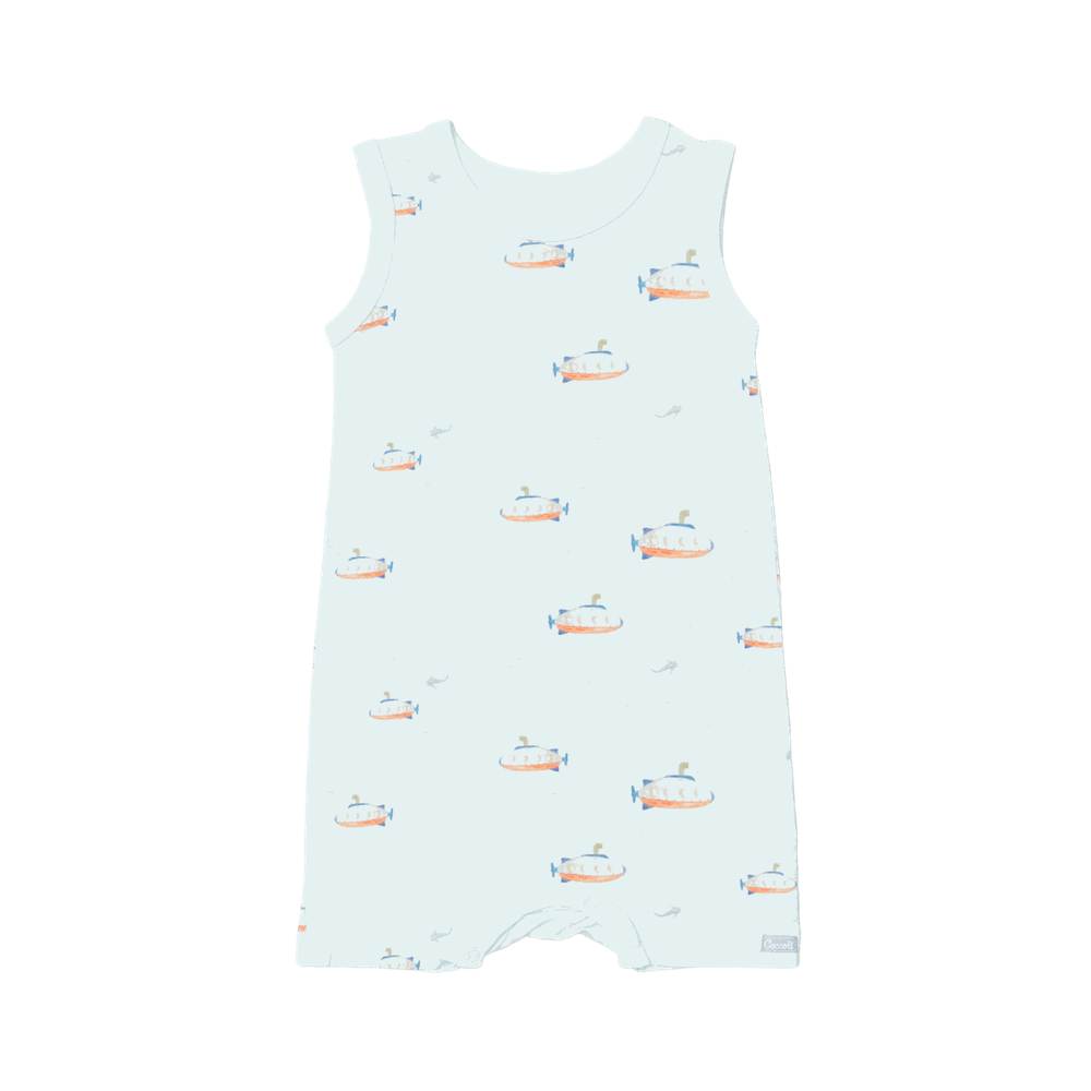 Coccoli infant romper in spa blue with submarine print; cotton TENCEL™ Modal fabric, COCCOLI brand.