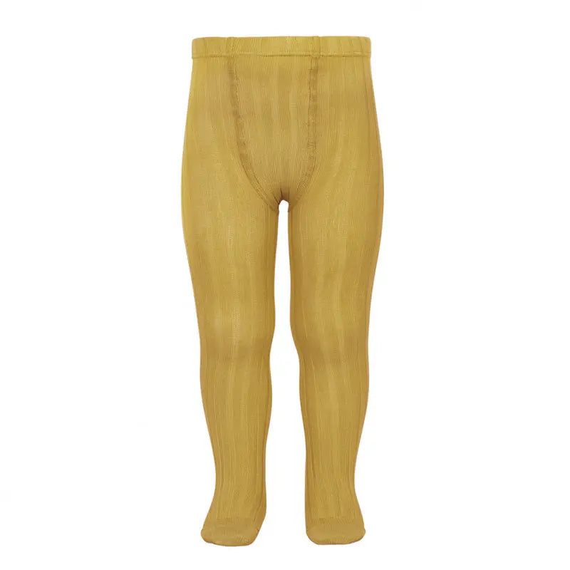 Condor Basic Rib Tights Curry for kids; mustard-yellow ribbed knit tights with elastic waistband, front view