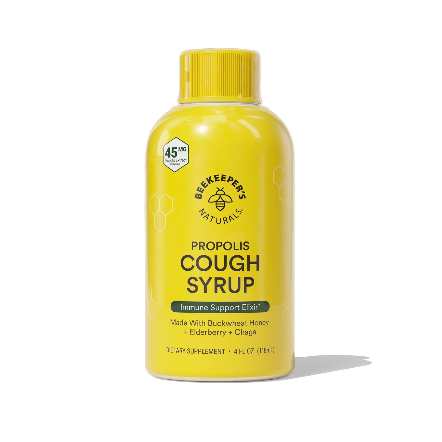 Beekeeper's Naturals Propolis Cough Syrup Daytime bottle upright with bright yellow label, 118 ml