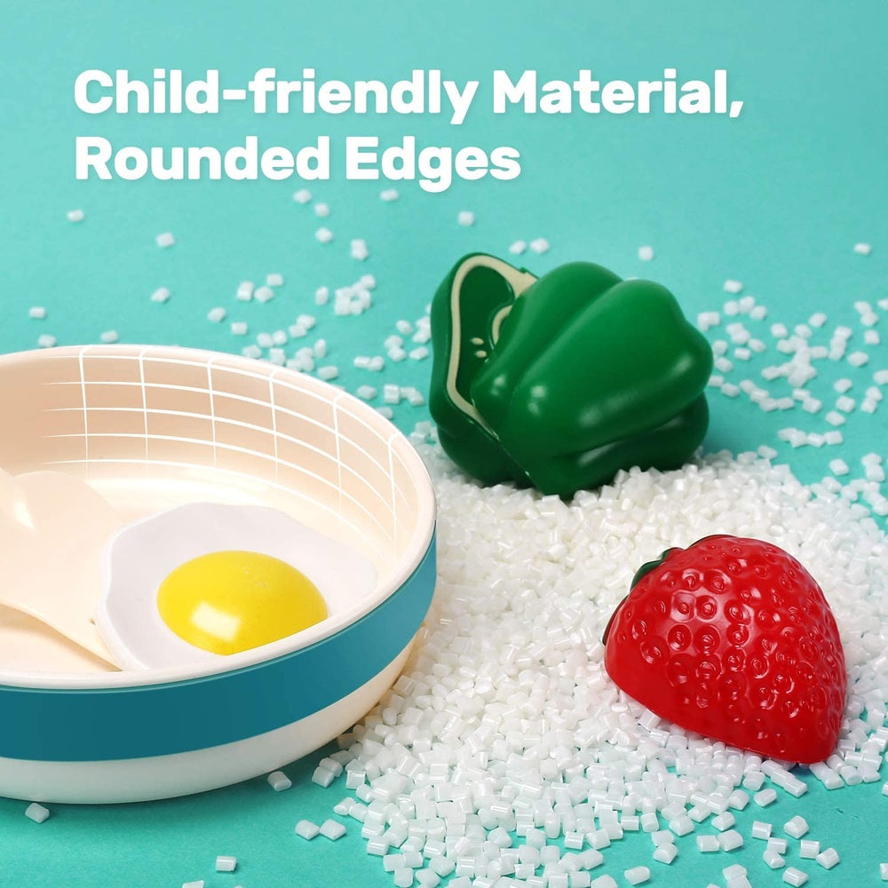 Cute Stone cooking toy set from CUTE STONE; turquoise pan, egg, green pepper, and strawberry for pretend play