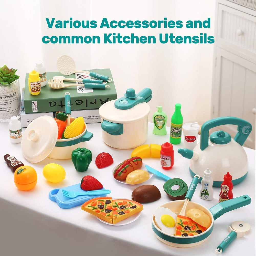 Cute Stone cooking toy set with teal pots and pans and assorted pretend food pieces for imaginative play