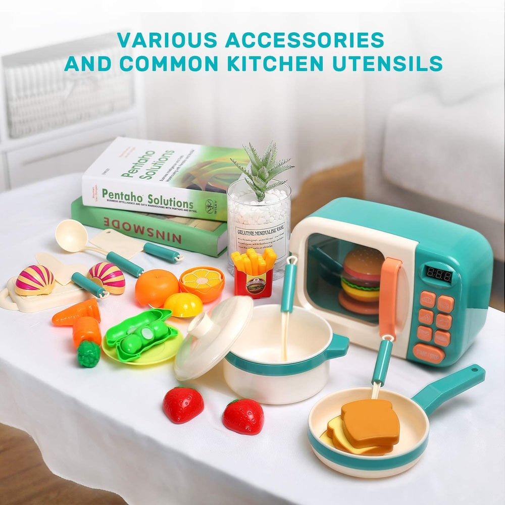 Cute Stone Kids microwave playset with teal and cream toy microwave, plastic foods and utensils