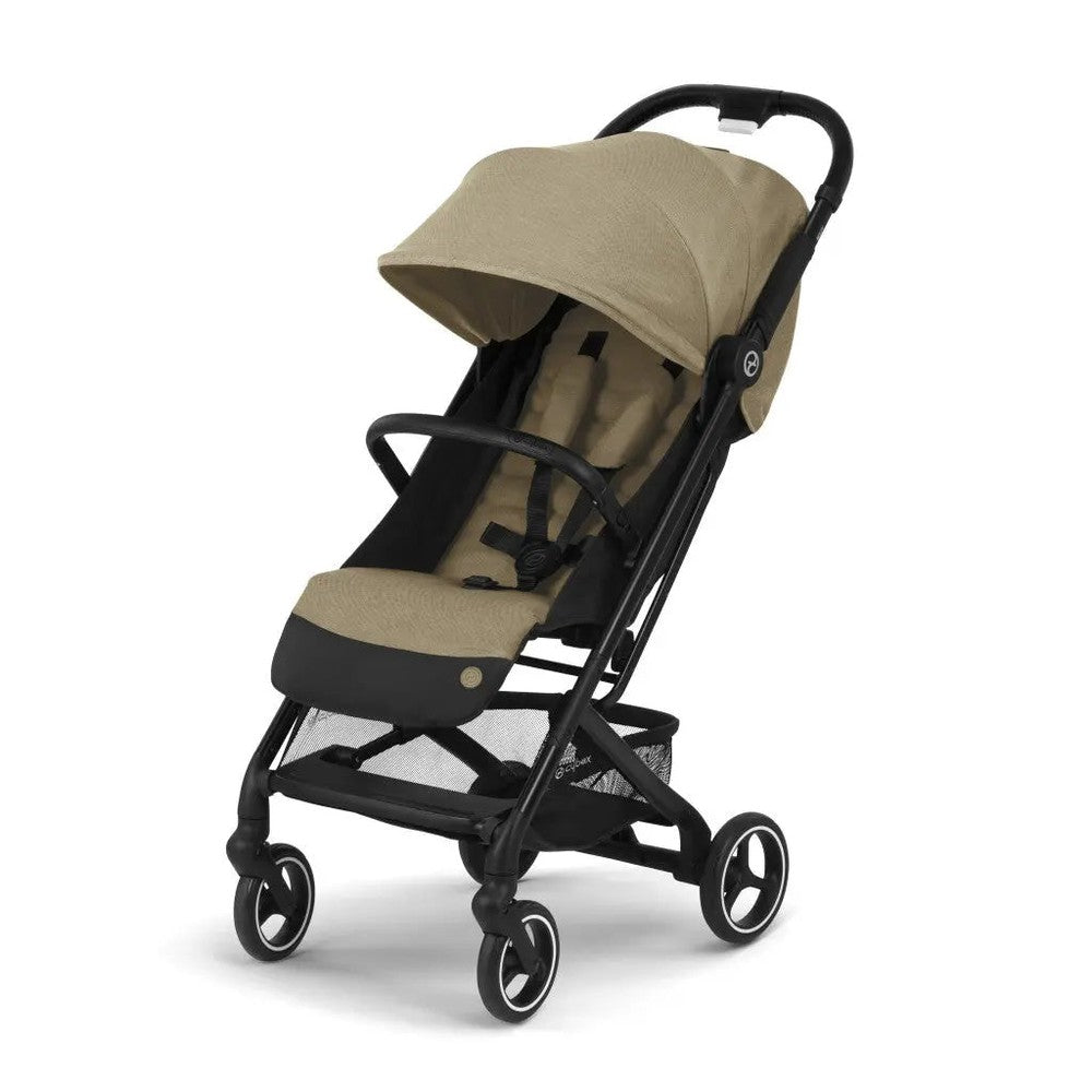 Cybex Beezy stroller in beige fabric with black frame and canopy, compact urban design with lower storage basket.
