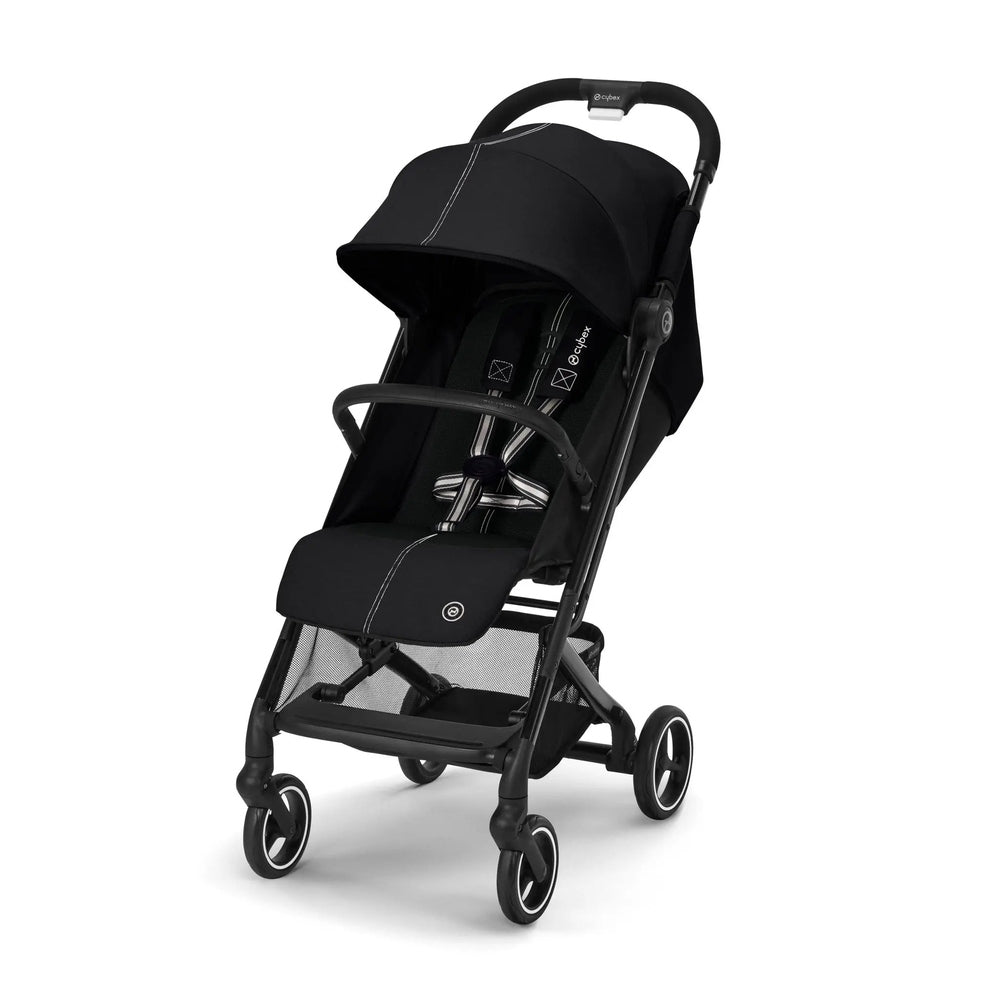 Cybex Beezy Stroller in black with extended canopy, 4-wheel chassis, and mesh storage basket.