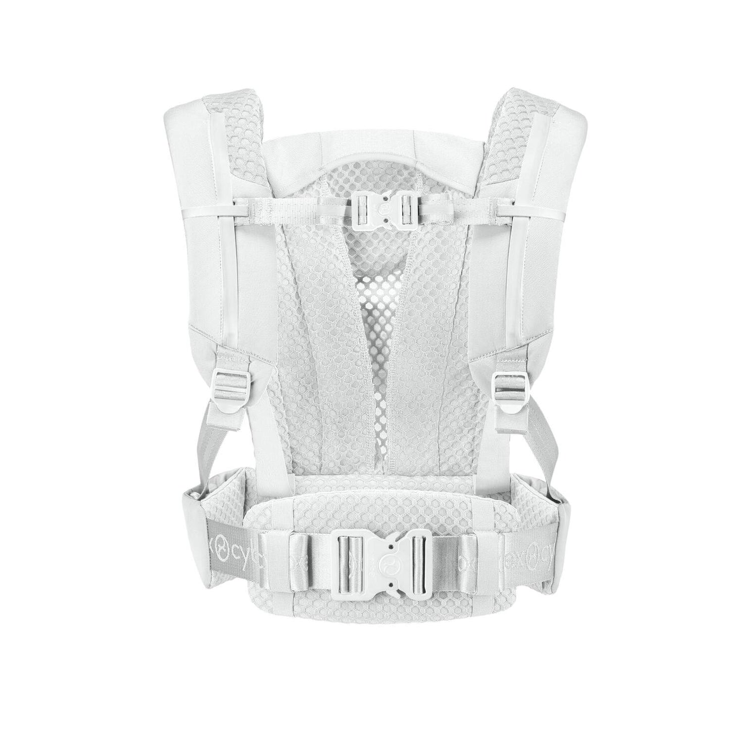 CYBEX Coya carrier back view, light gray with padded mesh straps and waist belt