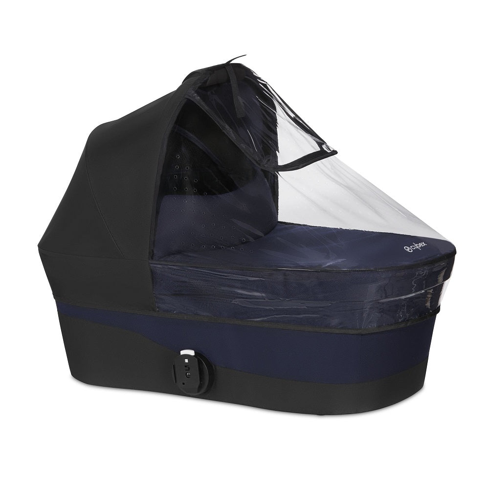 Cybex Gazelle S infant cot rain cover with clear canopy over navy bassinet and black base
