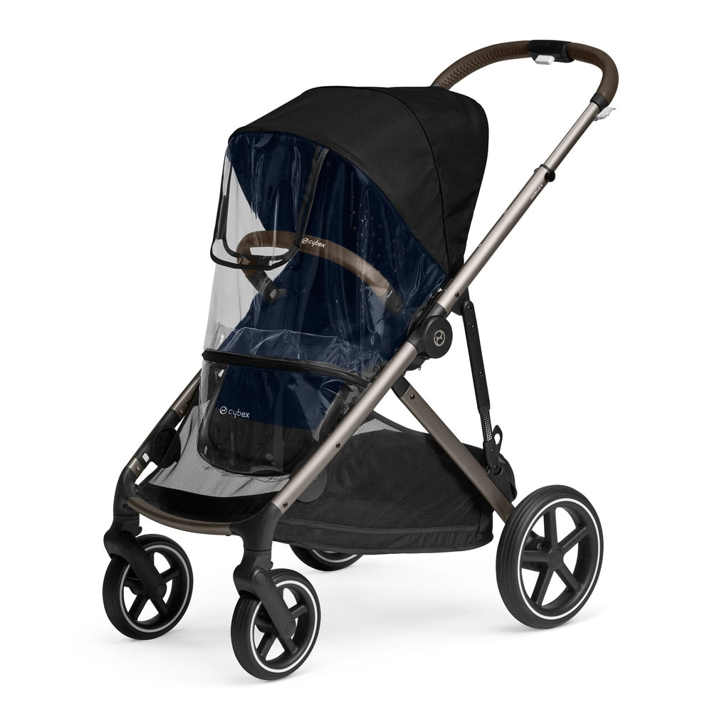 Cybex Gazelle S stroller with clear rain cover over navy seat and black canopy.