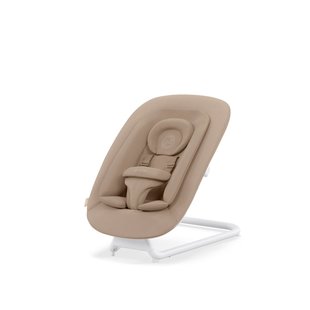 Cybex Lemo 2 Bouncer in beige with white frame, showing plush reclined seat and secure five-point harness.
