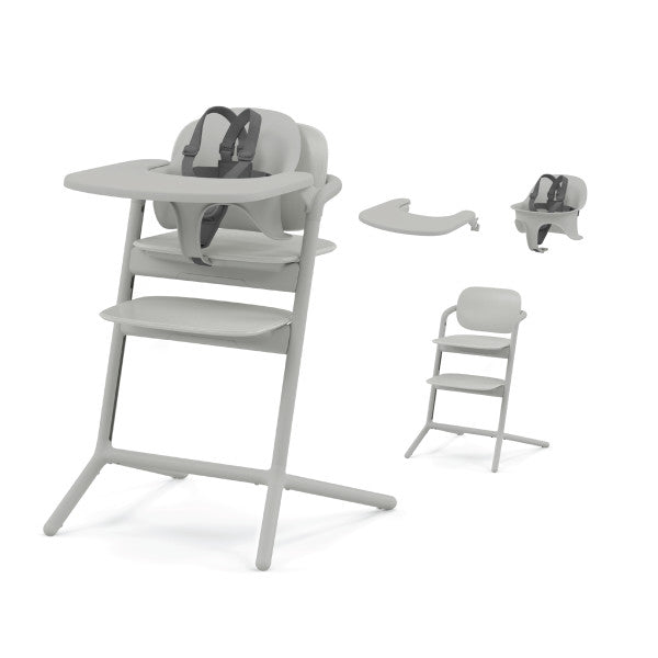 CYBEX Lemo 2 High Chair 3-In-1 Set in gray, with tray attached, safety harness, and booster seat components.