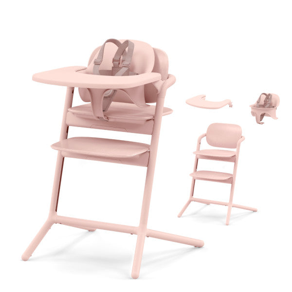 Cybex Lemo 2 High Chair 3-In-1 Set in blush pink with adjustable harness and detachable tray, shown with compact folded parts.