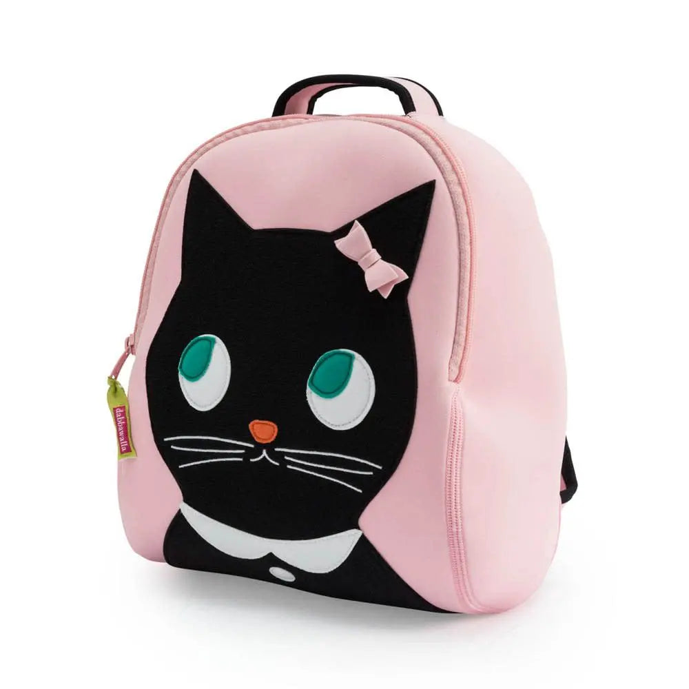 Dabbawalla Toddler Backpack in pink with a black cat face, teal eyes, and pink bow on the front.