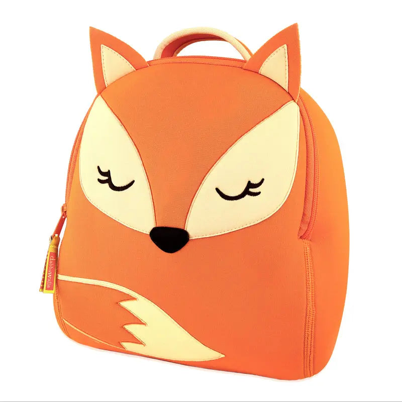 Dabbawalla Toddler Backpack orange fox design with cream face and ears, zipper open at side.